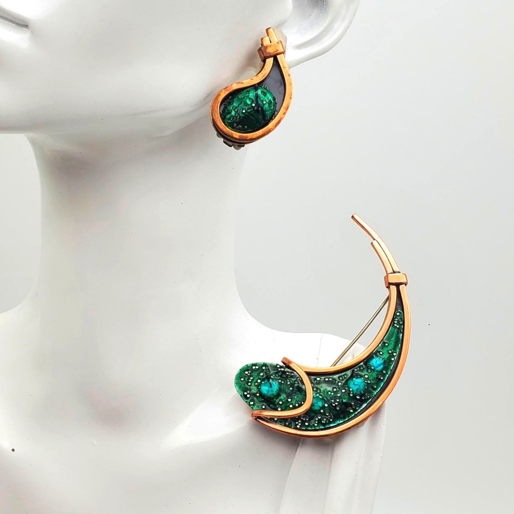 Matisse Renoir Copper Brooch Clip Earrings Fish Green Enamel Modernist Sugar MCM